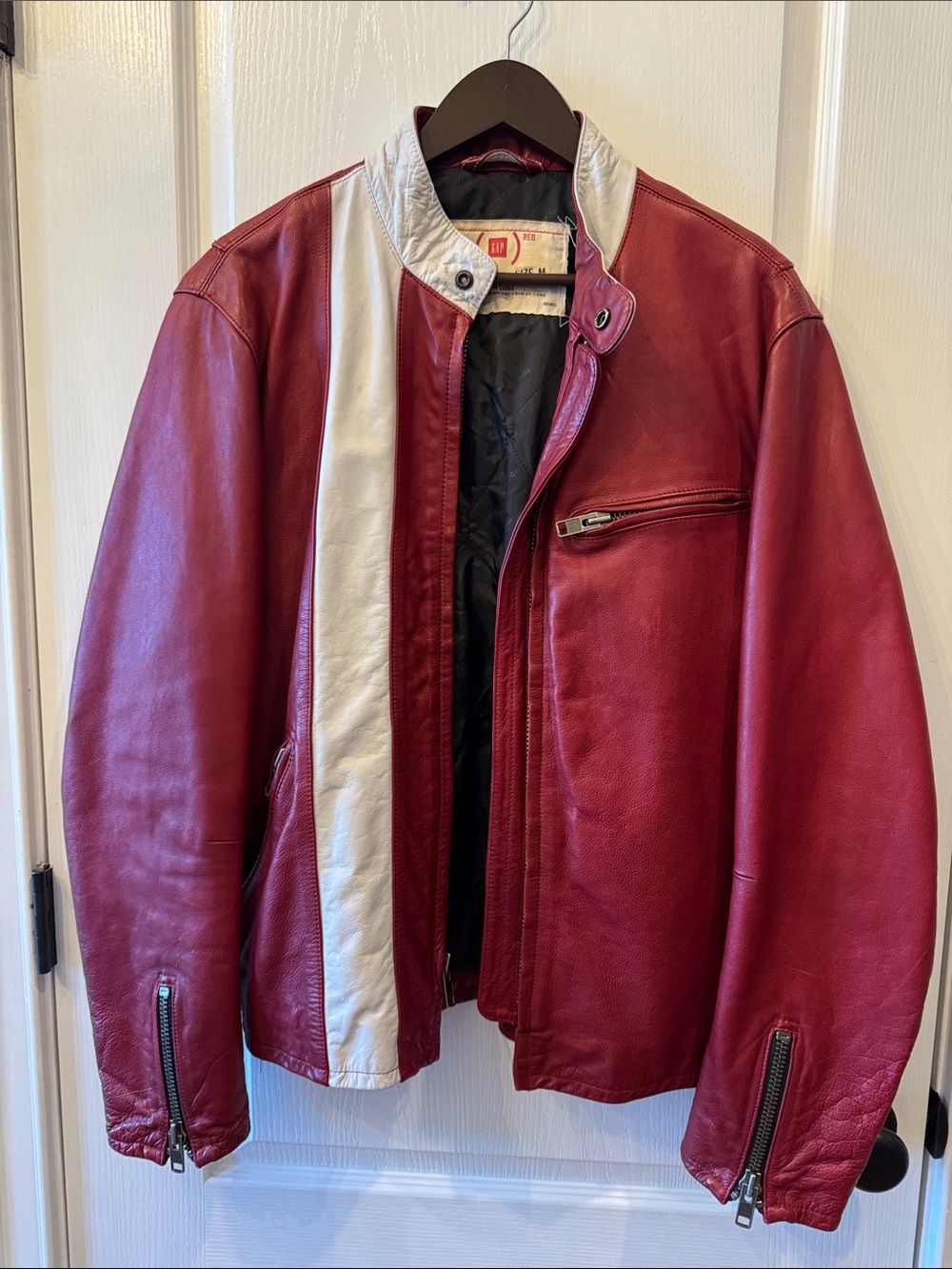 GAP Red Leather Bomber Jacket with White Stripe